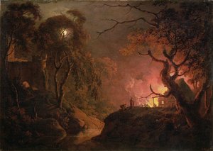 Une chaumière en feu la nuit, vers 1785-93